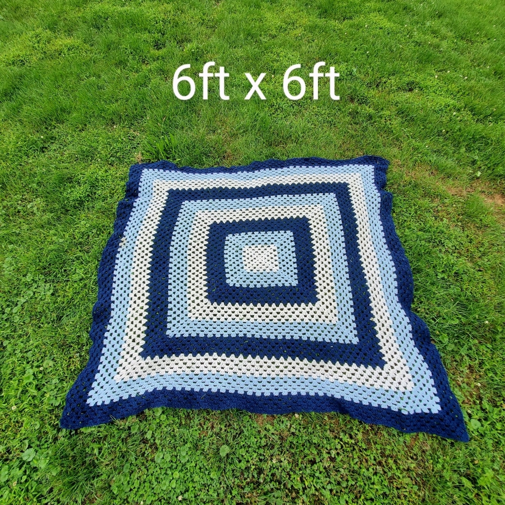 Vintage Blue/White Modern BOHO Crochet Afghan Blanket Throw - homemade with love